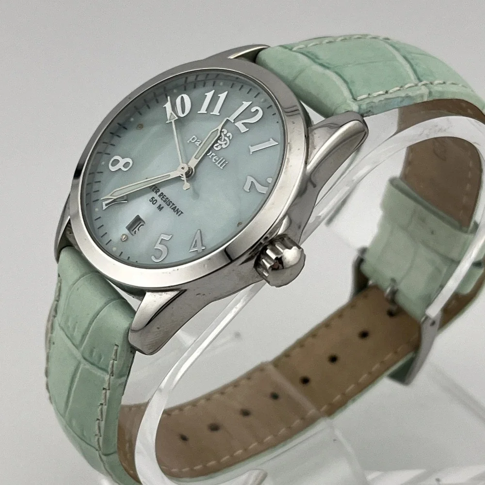 Pastorelli Watch Women 34mm Case MOP Dial Blue Leather Band Swiss- New Battery